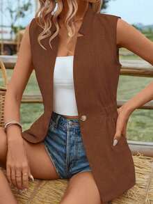 Chaqueta informal holgada, sencilla y de botón sin mangas para mujer - Marrón - Ver 3