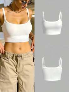 Camiseta corta de tirantes gruesos simple para mujer, adecuada para primavera y verano, estilo casual/streetwear/Y2K, se puede combinar con oficina/hogar/streetwear/discoteca, una opción ideal para blusas casuales de verano en color blanco - Blanco - Ver 1