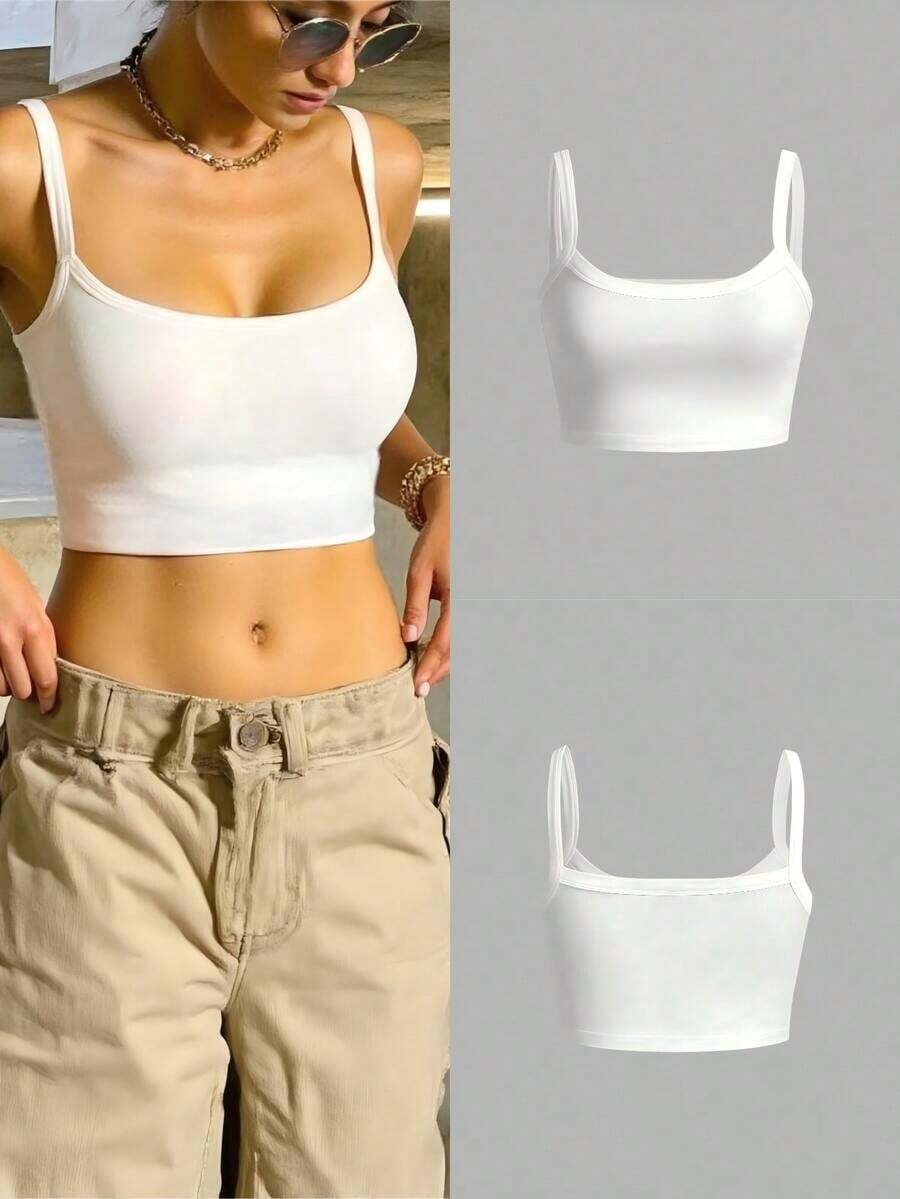 Camiseta corta de tirantes gruesos simple para mujer, adecuada para primavera y verano, estilo casual/streetwear/Y2K, se puede combinar con oficina/hogar/streetwear/discoteca, una opción ideal para blusas casuales de verano en color blanco - Blanco - Ver 1