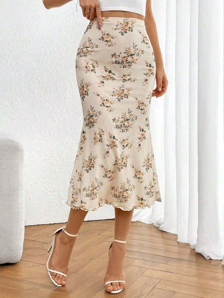 Falda de sirena romántica de tul de malla con cinturilla elástica e impresión para mujer - Albaricoque - Ver 1