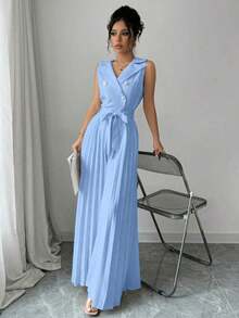 Mono plisado con diseño de chaleco cruzado elegante para mujer, color albaricoque, para primavera y otoño - Celeste - Ver 4