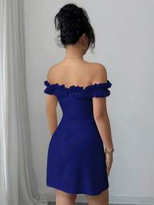 Vestido romántico con hombros descubiertos y volantes en la cintura para mujeres - azul real - Ver 2