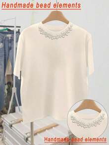 mujer de talla grande con estampado de bordado vintage de gato y floral, de cuello redondo y manga corta, top floral azul, adecuado para uso diario y vacaciones de verano - Albaricoque - Ver 1