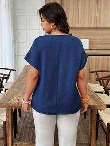 Blusa holgada de mujer talla grande con cuello redondo, mangas de murciélago y lunares en contraste, adecuada para uso diario y vacaciones, primavera/verano - Azul marino - Ver 2