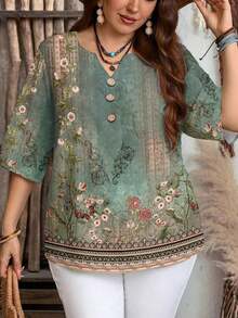 Camisa de mujer casual de cuello con muesca y manga 3/4 con estampado, para verano - Multicolor 5 - Ver 4