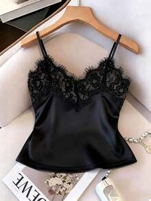 Top de camisola de satén con parches de encaje ajustado, chaleco casual y elegante para verano, vacaciones en la playa y viajes para mujeres - Negro - Ver 3