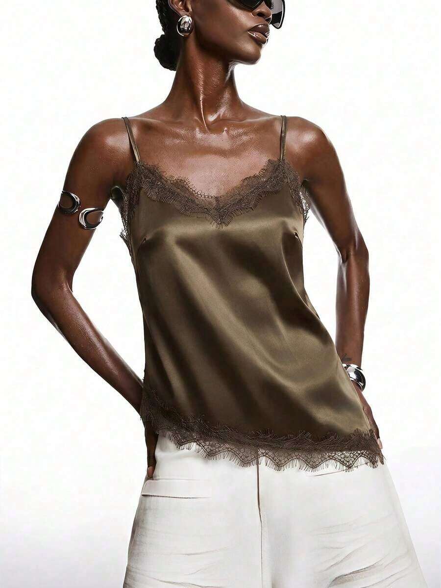 Camiseta de tirantes de uso diario versátil y casual con parches de encaje para mujer - Verde militar - Ver 1