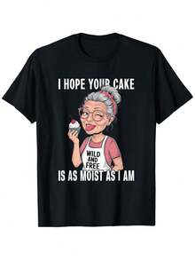 Funny Grandma T-Shirt With Wet Cake Design, 100% Pure Cotton, Soft Unisex Style, Suitable For Men And Women. Ideal As A Gift For Birthdays, Valentine's Day, Ramadan, And Carnival, For Mom, Dad, Grandma, And Friends. Casual Crew Neck T-Shirt With Funny Design - 黑色 - 查看 7