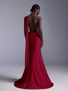 Vestido largo de sirena con espalda abierta y ajustado, de estilo minimalista, adecuado para asistir a fiestas formales, reuniones y galas formales de damas - Burdeos - Ver 2