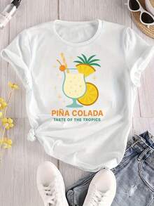 Women's Casual Short Sleeve T-Shirt - Tropical Pineapple And Coconut Cocktail Print Design " Colada A La Tropos", Loose Fit Crew Neck, Breathable Fabric Suitable For Beach Vacations And Summer Wear, Beach T-Shirt, Fun Printed Top, Machine Washable And Versatile For All Seasons. Elegant Party Outfit, T-Shirt For Stylish Ladies, Blouses Suitable For Curvy Women, Prom Skirts, Casual Wear. Adorable Animal Print, Fun Letter Print, Matches With Street Fashion - 白色 - 查看 7