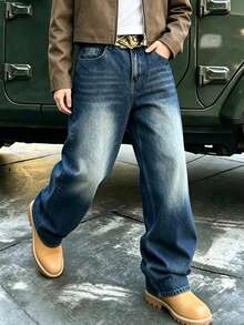 Men's Vintage Washed Loose Fit Casual Blue Jeans - Medium Wash - View 2