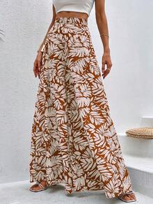 Pantalones de pierna ancha con estampado tropical - Marrón - Ver 3
