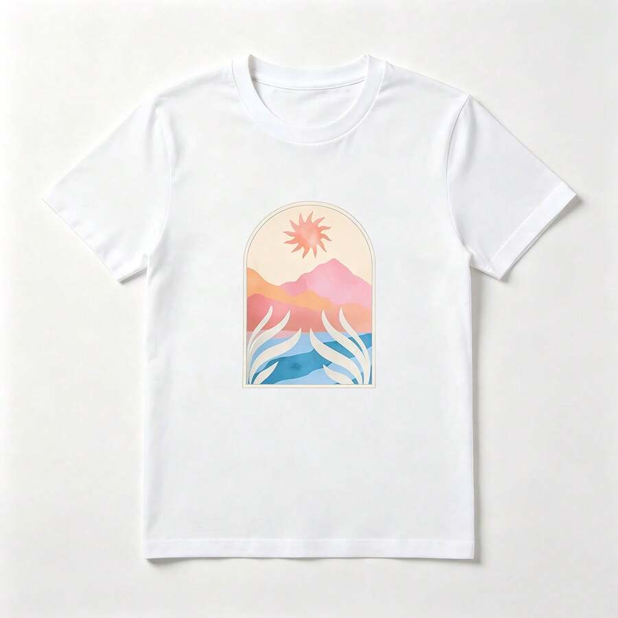 Ventana Arco Playera de Algodón 100% Blanca Paisaje Acuarela - Blanco - Ver 1
