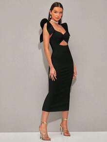 YHHSHEIN  Vestido girante delantero ribete con fruncido con abertura con abertura traseraYHH - Negro - Ver 3