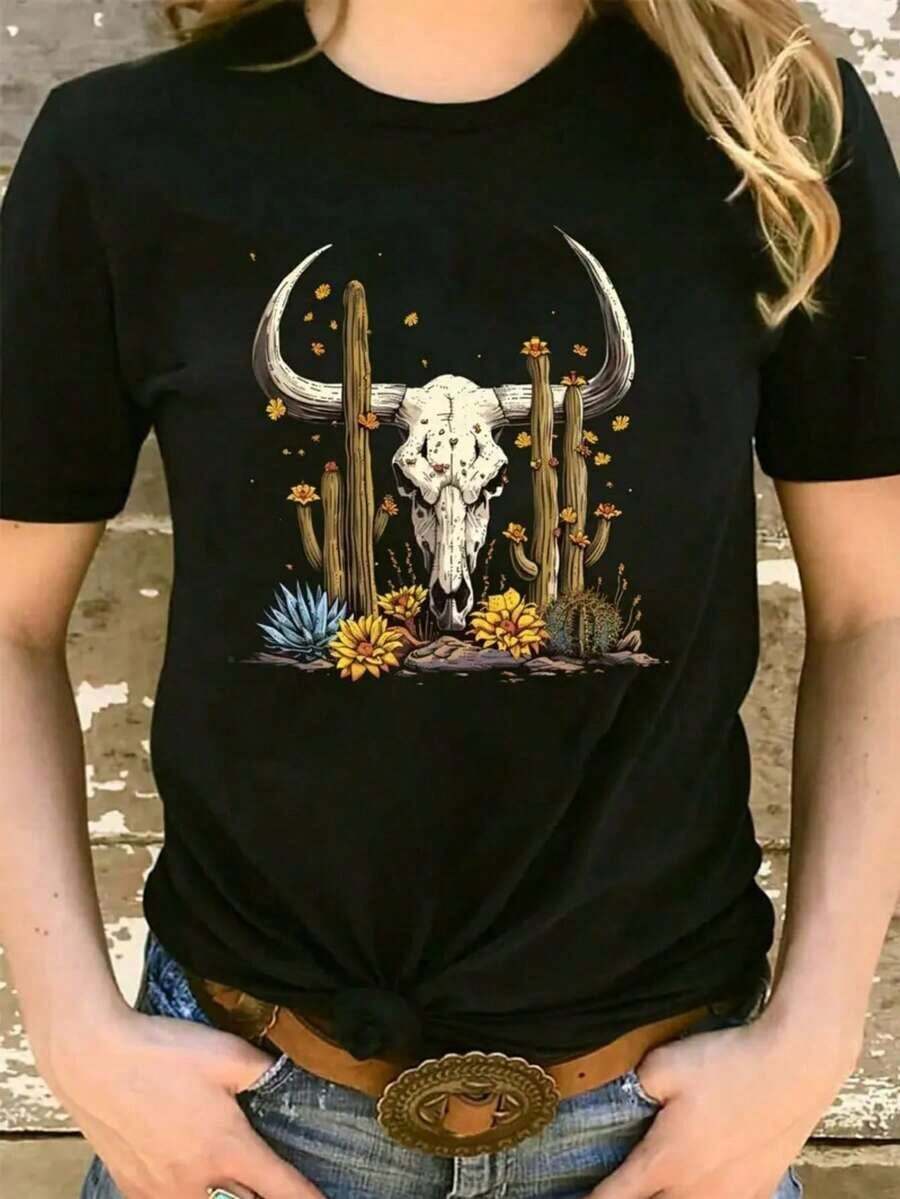 Women's Graphic T-Shirt, Short Sleeve, Round Neck, Casual, Comfortable, Cool, Lightweight, Modern, Youthful, Regular Fit, Western Print, Cowboy, Cowgirl, Cactus, Desert, Horns, Flowers. - 黑色 - 查看 1
