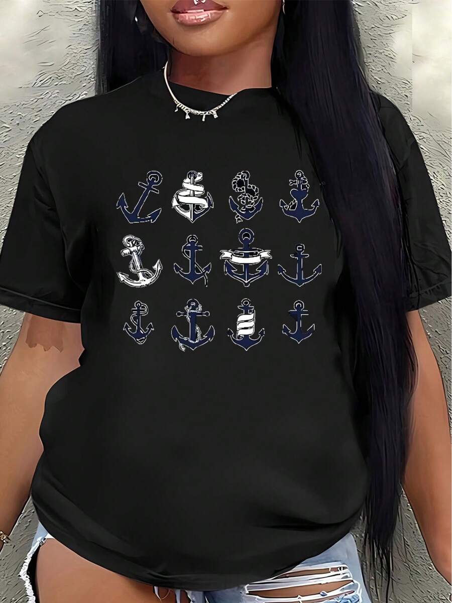 Camiseta de manga corta de poliéster, diseño con estampado de anclas, ligera y duradera, adecuada para uso casual, ideal para la playa, paseos en barco o actividades al aire libre, cómoda y ajustada para el uso diario.women's shirts - Negro - Ver 1