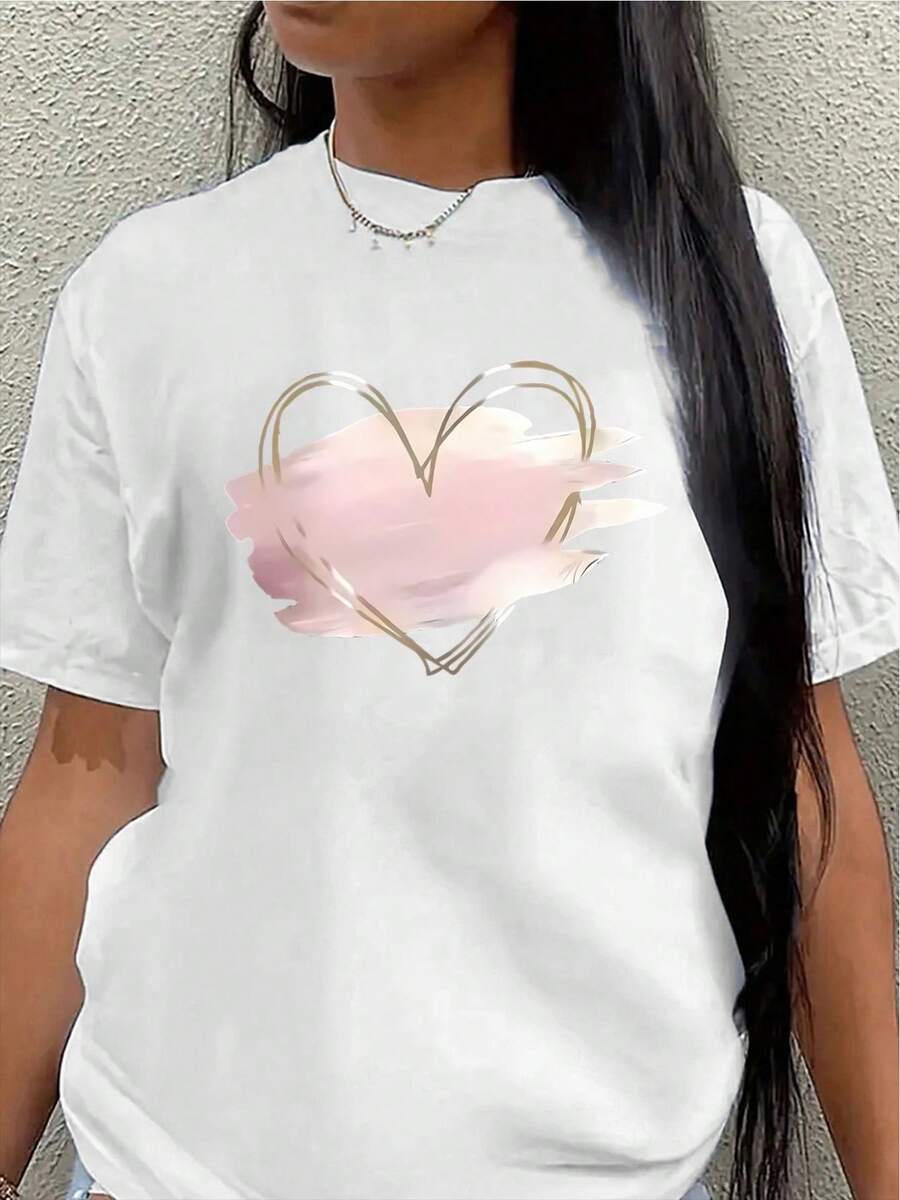 This Lightweight And Durable Short-Sleeved T-Shirt With A Pink Heart Design Is Perfect For Lounging At Home, Going To Cafes, Or Wearing To The Office. Made From A Soft And Comfortable Fabric, It's Suitable For Everyday Wear. - 白色 - 查看 1