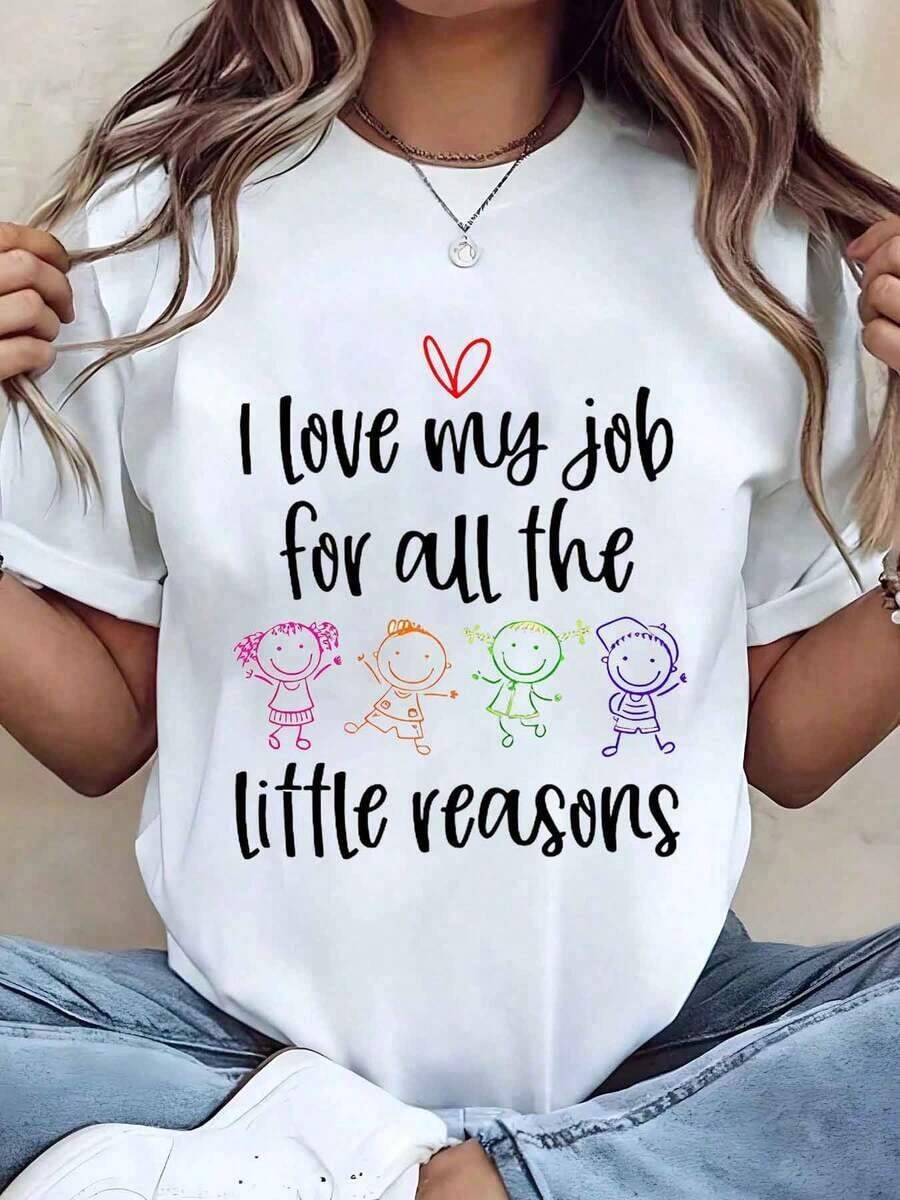 Under The Radar Women's T-Shirt With Cartoon Print And Heart Design, Crew Neck, Regular Fit, Casual Style, Gift For Teachers, Teacher's Day - Vintage Urban Style, Unisex, Cotton, Short Sleeve, Crew Neck - 白色 - 查看 1