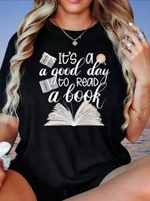 Camiseta Gráfica "Es un buen día para leer un libro" para mujer, casual, de manga corta, con diseño de libro y gafas para amantes de la lectura, temática de lectura, camiseta para mujer. - Negro - Ver 4