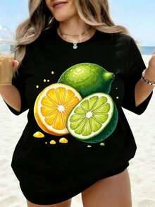 Camiseta Casual con Estampado de Frutas Cítricas para Mujer, Camiseta de Playa de Verano, Top Blanco Oversize con Diseño de Limones y Limas, Camiseta Gráfica de Corte Holgado para Vacaciones y Ocasiones Informales, 100% Algodón, Duradera - Negro - Ver 7