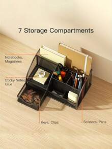 1pc Large Capacity Black Mesh Desktop Storage Box With 7 Compartments - Durable Iron Wire Office & School Supply Organizer Box For Stationery Storage, Painted Surface, Multi-Functional Storage Box - Black - View 4