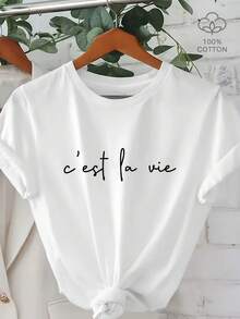 Women's Lightweight Casual T-Shirt - Simple Cursive Print "C'est La Vie", Black Text On White Background, Short Sleeves, Round Neck, Machine Washable, Suitable For Spring And Summer, Women's T-Shirt, Loose Fit, Non-See-Through Fabric, Everyday Casual Wear. - 黑色 - 查看 6