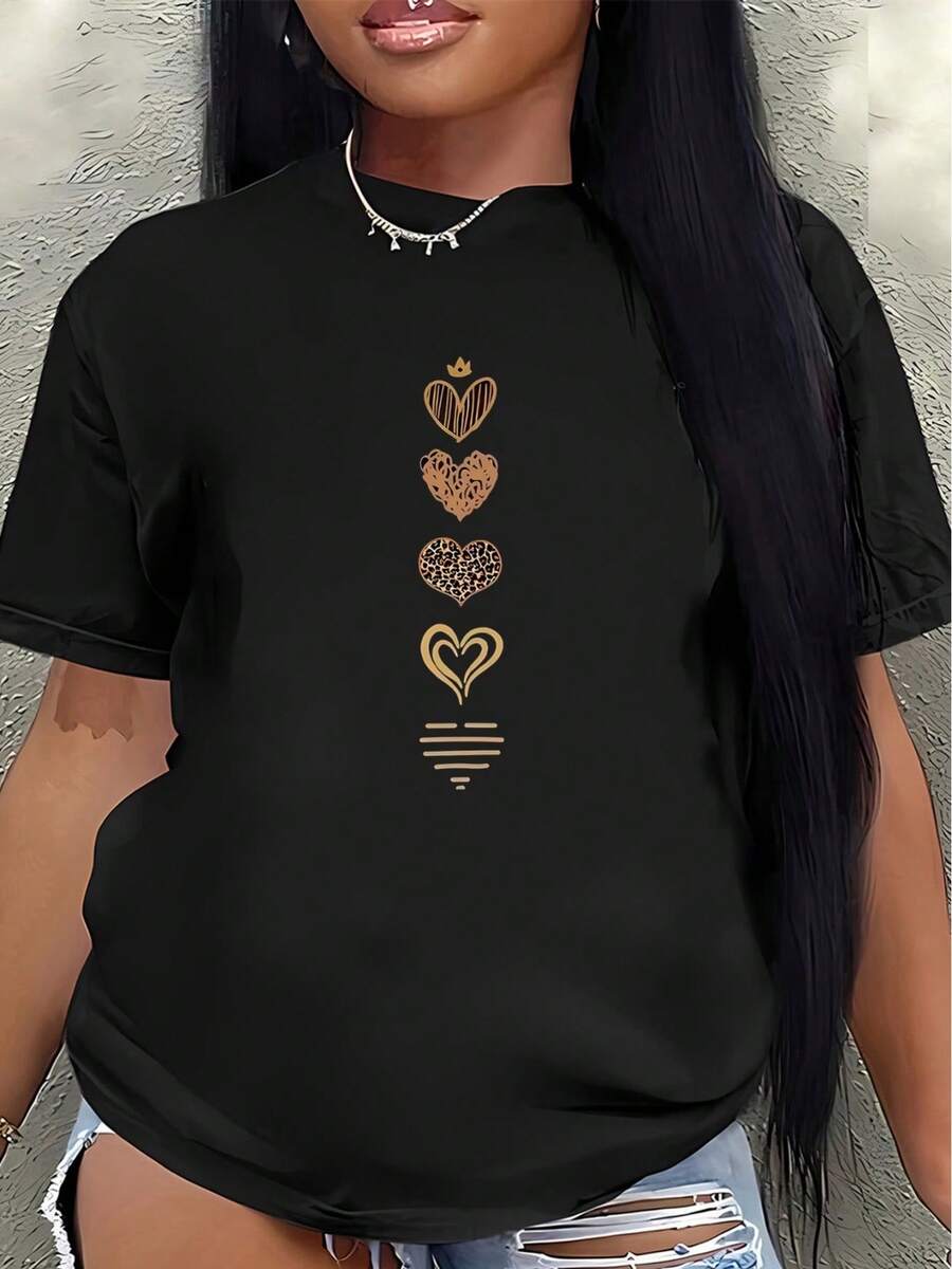This Lightweight And Durable Short-Sleeved T-Shirt With A Gold Heart Design Is Perfect For Wearing At Home, In A Restaurant, Or Outdoors, Offering A Comfortable Everyday Wear Experience. Women's Blouses > Clothing - 黑色 - 查看 1