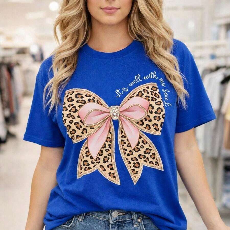 Women's Casual Cotton Leopard Print Bow T-Shirt, Short Sleeve Crew Neck Casual Top, Loose Fit Everyday T-Shirt, Sizes, "It Is Well With My Soul" Graphic T-Shirt, Soft And Comfortable Clothing, Fashionable Plus Size T-Shirt For Women. - 藍色 - 查看 1