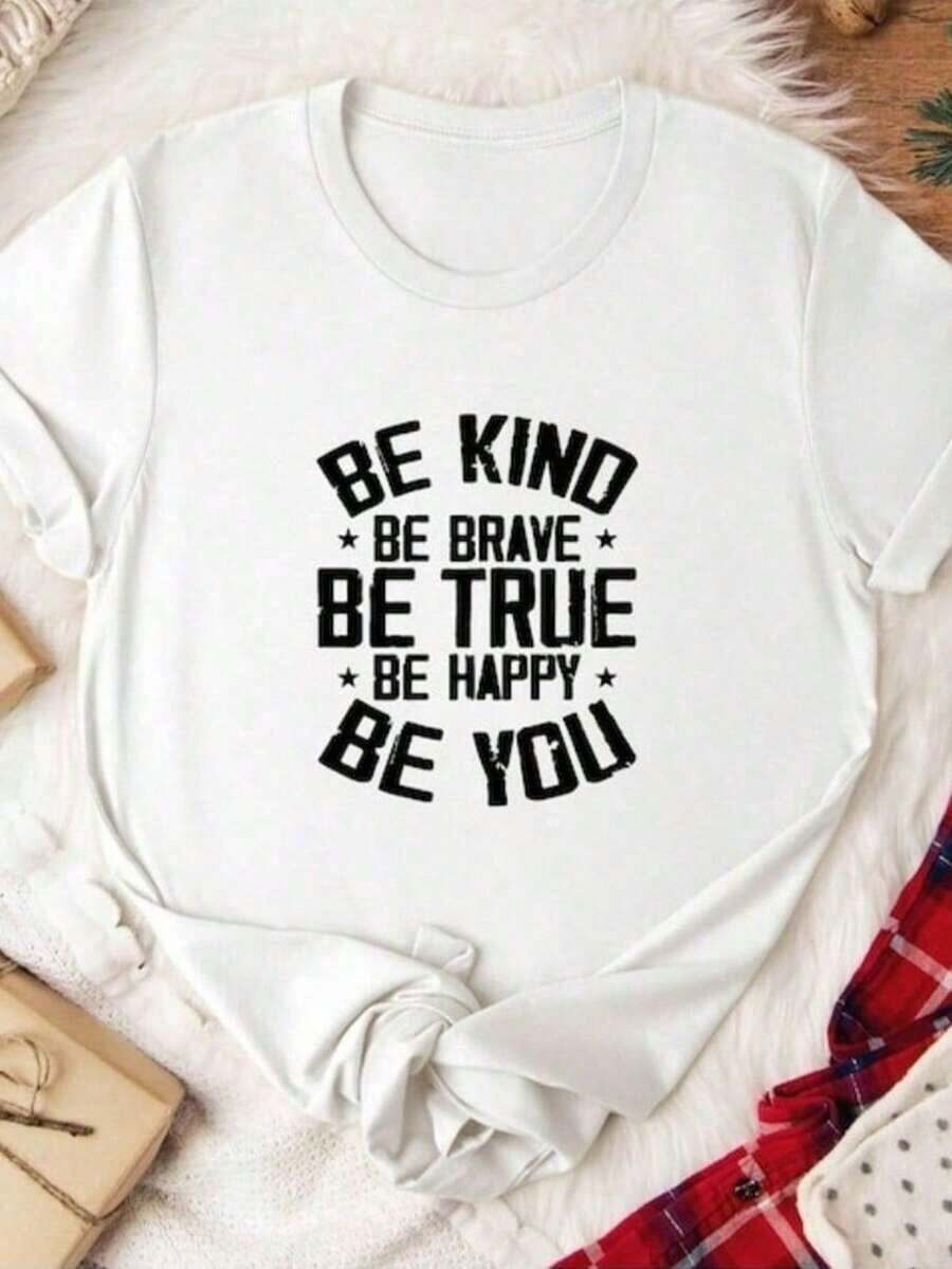 "Be Kind Brave True" T-Shirt – Unisex Motivational Summer Clothing, Round Neck, 100% Cotton Women's T-Shirt, Boho Clothing For Women, Women's T-Shirt - 白色 - 查看 1