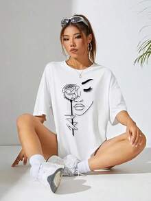 Women's Casual Summer T-Shirt With Floral And Abstract Portrait Print, Round Neck, Drop Shoulders, Pure Cotton Graphic Tees - 白色 - 查看 5