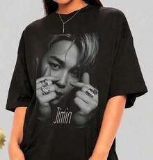Playera mujerPlus Size-Funny And Wo Round Neck Wo Fashion, Camiseta Jimin, Camiseta Blanca y Negra, Ropa Urbana Estética Pop Coreana, Jersey Jimin para Fans, Camiseta Jimin, Gráfico de Ídolo, Camiseta Jimin Casual diario - Negro - Ver 1