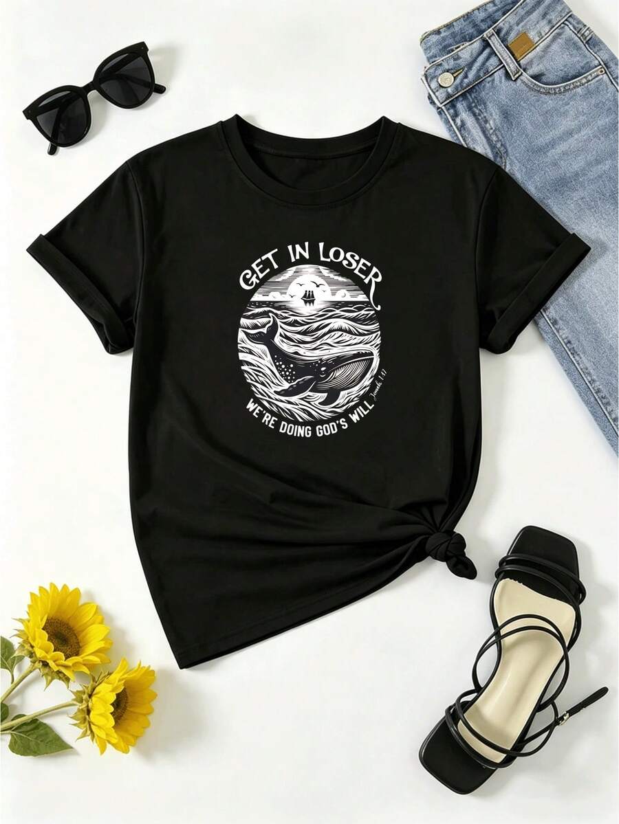 Una camiseta de mujer de manga corta, holgada, moderna, retro y elegante, adecuada para actividades al aire libre en primavera y verano, informal, a la moda y elegante.|Camiseta casual de manga corta y cuello redondo, con estampado "Únete a nosotros, estamos cumpliendo la voluntad de Dios" y diseño de ballena oceánica + lavable a máquina + perfecta para el verano y el uso diario + regalo ideal para amigos y familiares + enviada desde almacén local.blusas para mujer,blusas casuales para dama,tops,, mujer premium,y2k,playeras de mujer curvy,ofertas y liquidaciones ropa mujer,playeras deportivas para mujer,,playeras de hombre, mujer,blusas>elegante PMCY - Negro - Ver 1