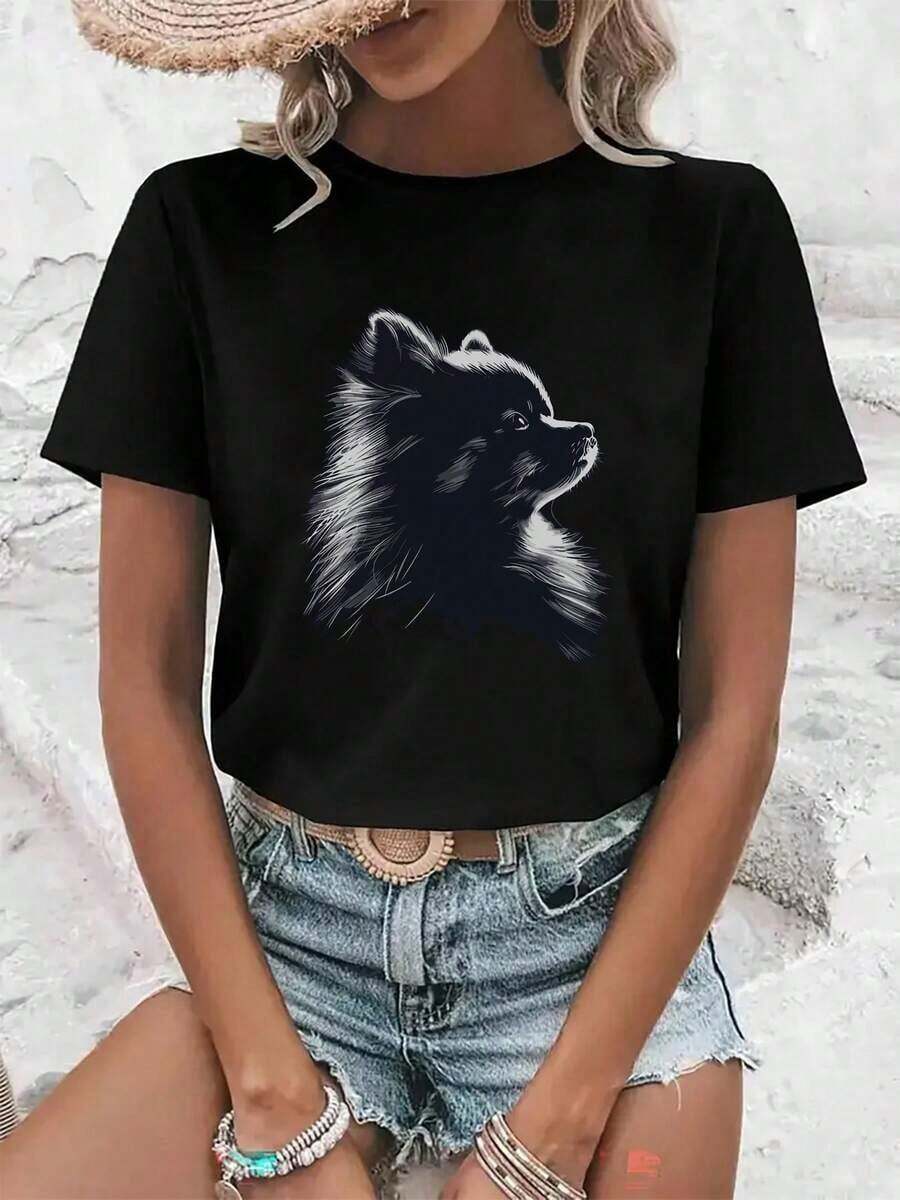 1 Piece Of Women's Fashion Creative Printed T-Shirt, Spring-Summer, Women's Fashion For All Seasons, Easy, Casual, Comfortable, Soft, For Fitness, Daily Outdoor Wear, Breathable, Round Neck, Elegant For Parties, Holiday Gift, Suitable As A Gift. Women's T-Shirt. Blouses>Elegant. Boho Chic, Soft, Breathable And Comfortable Women's Top, Ideal For Spring, Summer And Autumn, Perfect For Vacation, Travel And Daily Wear. - 黑色 - 查看 1