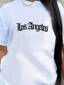 Versatile, Comfortable And Elegant Casual T-Shirt For Women, White T-Shirt With The Elegant "Los Angeles" Logo, Perfect For A Contemporary Casual And Comfortable Style. - 白色 - 查看 8