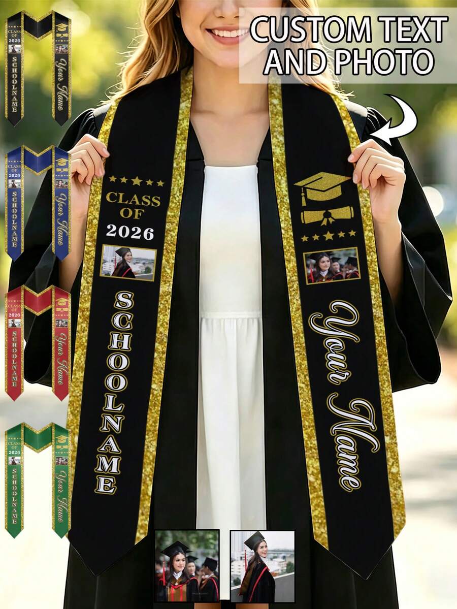Personalizado Graduación con foto y nombre personalizado, Faja de graduación Clase de 2026 con nombre de la escuela y año de graduación, Faja de graduación de satén negro con borde dorado para graduados universitarios - Multicolor - Ver 1