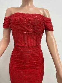 Women's Champagne-Colored Sequined Dress, Off-Shoulder Draped Design, Asymmetrical Side Slit, Stretchy Shiny Fabric Ideal For Summer Parties, Weddings As A Guest And Elegant Outdoor Dinners, Sexy Glamorous Style Perfect For Celebrations And Formal Events - 紅色 - 查看 3