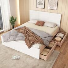 Double Bed, Wooden Frame 140*200 Cm With 2 Drawers, Modern Bed Including Frame And Slatted Base - 207*80*145 Cm (Length*Height*Width) In Oak/White (Without Mattress). - 白色 - 查看 12
