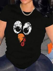 Women's Casual Short Sleeve T-Shirt, 1 Piece, 100% Thick Cotton - Comfortable Round Neck, Soft And Attractive Top - Cotton Short Sleeve T-Shirt, Round Neck, Urban Vintage Style, Unisex And Loose Fit - 黑色 - 查看 2