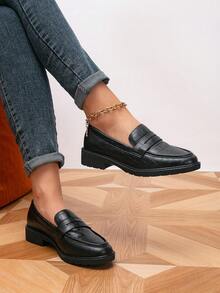Giày lười nữ màu đen dập vân cá sấu, gót chunky, mũi tròn, kiểu dáng penny loafer, thanh lịch, phù hợp cho công sở và thường ngày. - màu đen - Xem 3