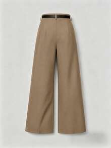 Pantalones rectos de cintura media de unicolor y elegantes con cinturón para primavera - Caqui - Ver 5
