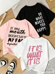 3-Piece Set Of Women's Short-Sleeved, Crew-Neck T-Shirts With A Relaxed Fit And Cute Casual Prints, Perfect For Everyday Wear And Vacations. New Summer Clothing For Women, Suitable For Valentine's Day, Back To School, Teacher's Day, And Other Holidays. Soft, Loose, And Comfortable Casual Short-Sleeved T-Shirts With A Letter Print And Urban Style. - 白色 - 查看 1