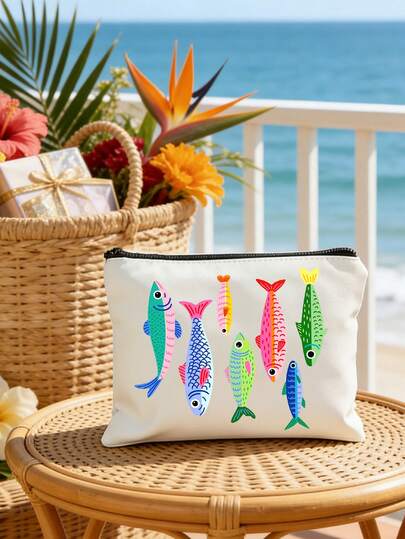 Colorful Striped Fish Pattern Cosmetic Bag,Vintage Style,Creative Durable Zippered Makeup Pouch & Multi-Functional Coin Purse
