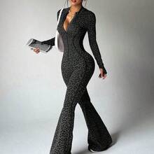 Dewbera 1pc Women's Seamless Sexy Leopard Print Mock Neck Front Zipper Thumb Hole High Waist Contour Sports Running Fitness Gymnastics Dance Long Sleeve Flared Jumpsuit - Multicolor - Ver 9
