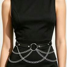 Sabuk Pinggang Kulit Hitam Wanita Gaya Gothic Terlaris dengan Rantai Berlapis Perak, Sabuk Pinggang Dekoratif Rantai Multi-Lapisan Gaya Punk - Hitam - View 9