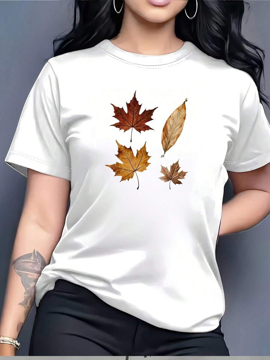 Camiseta de moda con estampado de hojas de otoño, camiseta casual suave de 180g para mujer, regalo perfecto para amigos y familiares, atuendo casual de moda otoñal, top para la celebración de Acción de Gracias. - Blanco - Ver 1