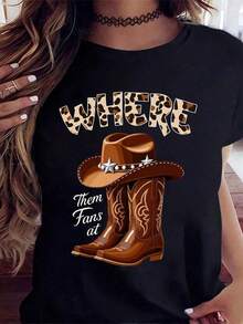Women's Clothing White Printed T-Shirt With Cowboy Hat And Boots, Leopard Print Text And Western Theme, For Country Music Festivals And Outdoor Events, Women's Shirts - 黑色 - 查看 6