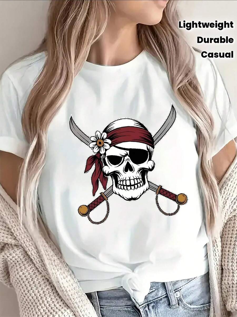 Lightweight And Durable Short-Sleeved T-Shirt, Designed With A Pirate Skull And Crossed Swords, Perfect For Casual Outings At Home, The Beach Or Parties, With A Striking Graphic Print And Details - 白色 - 查看 1