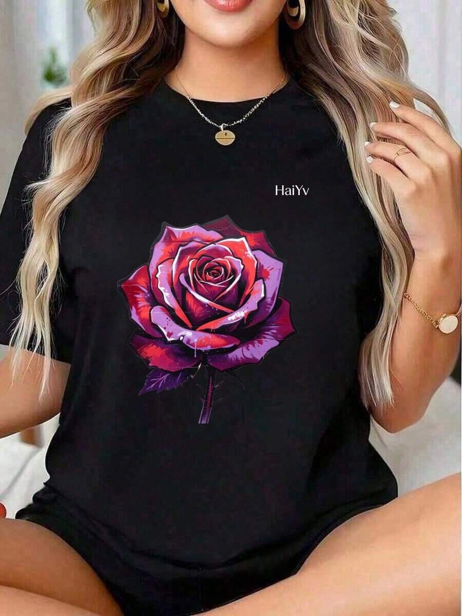 Limited Time Offer, Limited Quantity Available, Flash , Women's Shirts, Women's T-Shirts. Women's Oversized Black T-Shirt, Short Sleeve Round Neck, Purple And Red Graffiti Rose Print, Dark Romantic Casual Style For Everyday Wear - 黑色 - 查看 1