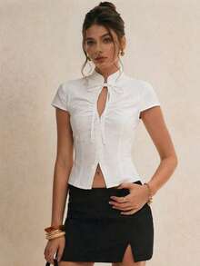 Women's Minimalist And Casual Short-Sleeved Plaid Shirt - White - View 3