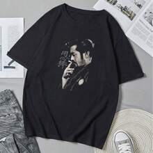 Unisex T-Shirt Featuring Sanjuros, Yojimbos, Toshiros, And Mifune With An Anime Cartoon Print. Casual Summer T-Shirt With A Crew Neck. - 黑色 - 查看 1